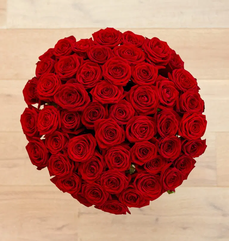 bouquet de roses rouges et eucalyptus